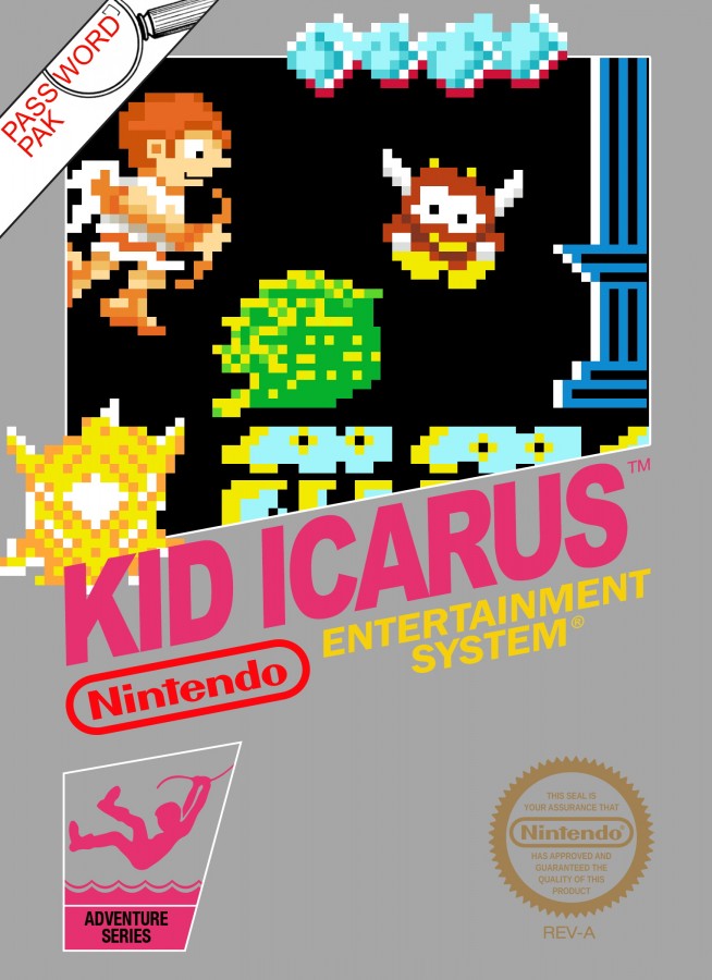 Kid Icarus cartridge for the Nintendo Entertainment System with five screw design featuring 8 bit side scrolling action platformer gameplay as Pit battles mythological enemies to rescue the goddess Palutena front cover