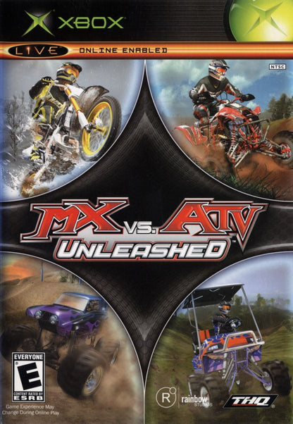MX vs ATV Unleashed Xbox for off road racing video game fans featuring motocross and ATV competition freestyle tricks massive outdoor tracks career mode multiplayer racing realistic physics vehicle customization extreme sports action collectible gaming appeal front cover art
