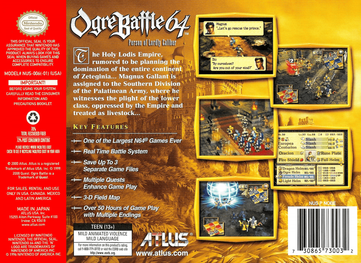 Ogre Battle 64: Person of Lordly Caliber back cover art for Nintendo 64 (N64) video game
