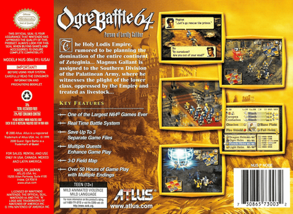 Ogre Battle 64: Person of Lordly Caliber back cover art for Nintendo 64 (N64) video game