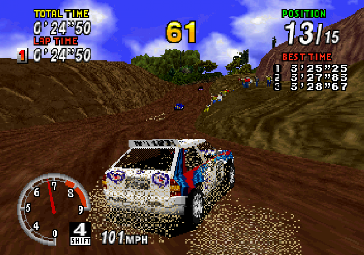 Sega Rally Championship Sega Saturn arcade racing game rally car off road driving realistic handling drifting mechanics time trial and championship modes Sega AM2 classic arcade port retro gaming Sega Saturn software video game title gameplay