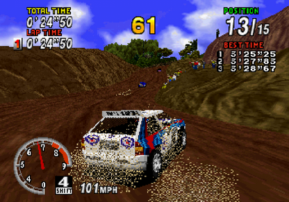 Sega Rally Championship Sega Saturn arcade racing game rally car off road driving realistic handling drifting mechanics time trial and championship modes Sega AM2 classic arcade port retro gaming Sega Saturn software video game title gameplay