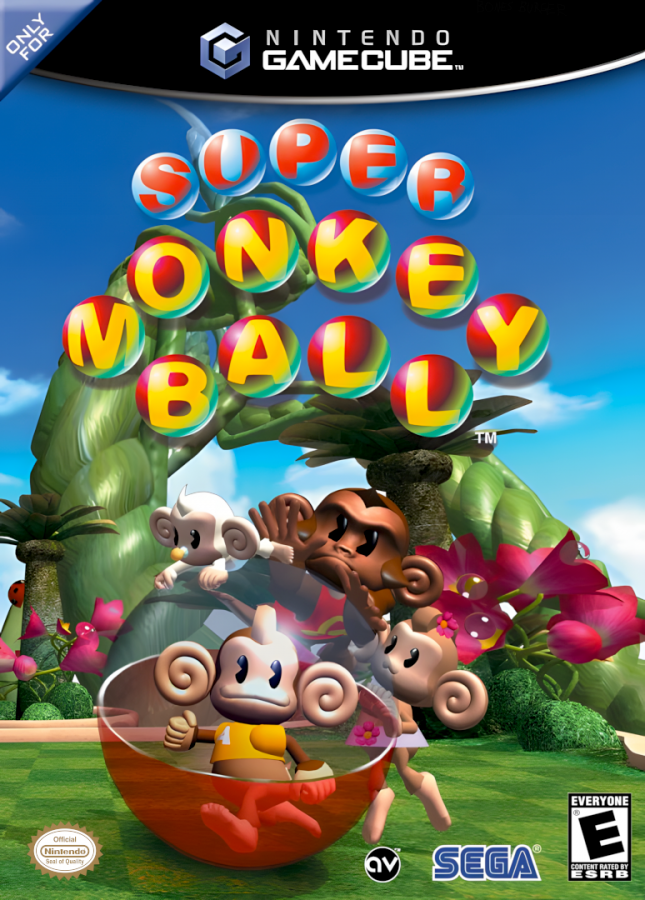Super Monkey Ball GameCube GC video game, arcade puzzle platformer, ball-rolling adventure, multiplayer, family-friendly, Nintendo GameCube classic cover art 