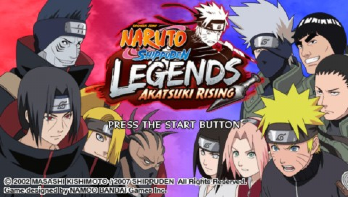 Naruto Shippuden Legends Akatsuki Rising PlayStation Portable PSP fighting action game featuring the Akatsuki organization villain roster story mode ultimate jutsu battles and ad-hoc multiplayer versus combat from the Naruto anime series main menu title screen