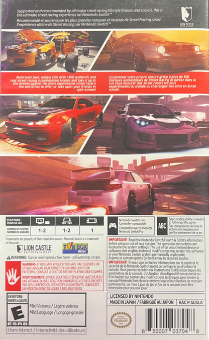 Super Street Racer Nintendo Switch NS for racing video game fans featuring high speed street racing customizable cars performance upgrades arcade style driving challenging tracks competitive events vehicle tuning and portable multiplayer action collectible gaming appeal back cover art