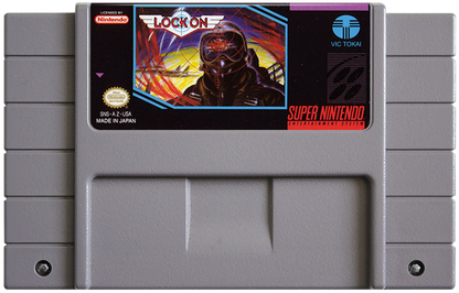 Lock On Super Nintendo Entertainment System SNES retro video game shoot em up action featuring fast paced aerial combat enemy aircraft challenging missions futuristic fighter jet gameplay classic 16 bit graphics Super Nintendo gaming experience retro game collection appeal cartridge
