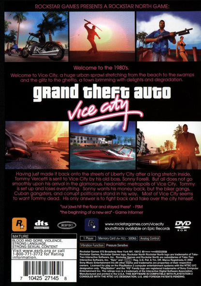 Grand Theft Auto: Vice City back cover art for PlayStation 2 (PS2) video game