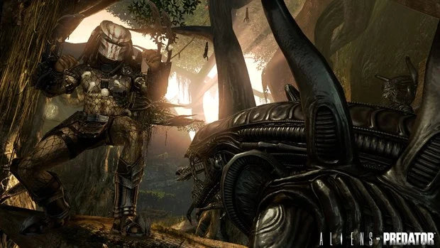 Retro Aliens vs Predator Xbox 360 inspired design featuring sci fi horror shooter aesthetic vintage HD era alien xenomorph marine predator jungle facility survival combat tense atmospheric action cinematic franchise crossover nostalgic FPS presentation gameplay