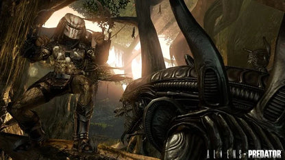 Retro Aliens vs Predator Xbox 360 inspired design featuring sci fi horror shooter aesthetic vintage HD era alien xenomorph marine predator jungle facility survival combat tense atmospheric action cinematic franchise crossover nostalgic FPS presentation gameplay