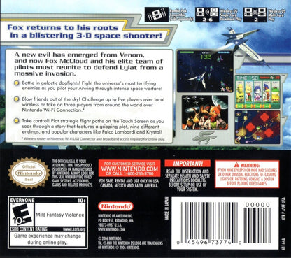Star Fox Command Nintendo DS DS action strategy video game featuring Fox McCloud and the Star Fox team space combat Arwing piloting touchscreen controls aerial battles enemy fleets branching missions multiple story paths and classic Nintendo DS DS gameplay collectible retro gaming appeal back cover art