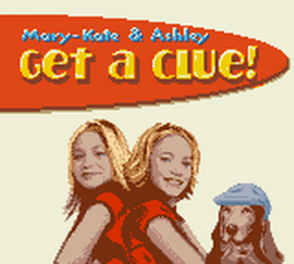 Mary-Kate and Ashley Get a Clue Nintendo Game Boy Color GBC for adventure puzzle retro video game fans featuring mystery solving detective gameplay clue searching interactive challenges television inspired adventure classic handheld gaming collectible gaming appeal title screen