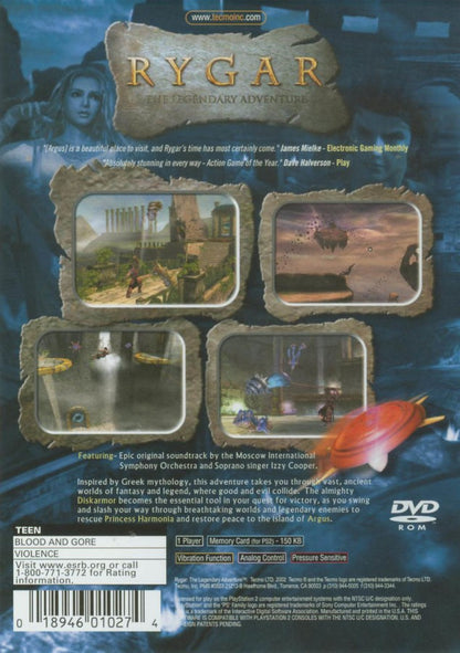 Rygar The Legendary Adventure PlayStation 2 PS2 for action adventure video game fans featuring hack and slash combat ancient mythology inspired world exploration platforming puzzle solving magical Diskarmor weapon epic boss battles fantasy gameplay collectible gaming appeal back cover art