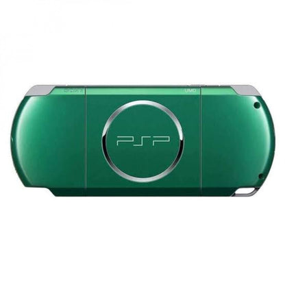 PlayStation Portable 3000 Spirited Green handheld console with vibrant emerald shell, slim design, and bright LCD screen for UMD games, music, and movies, good condition 