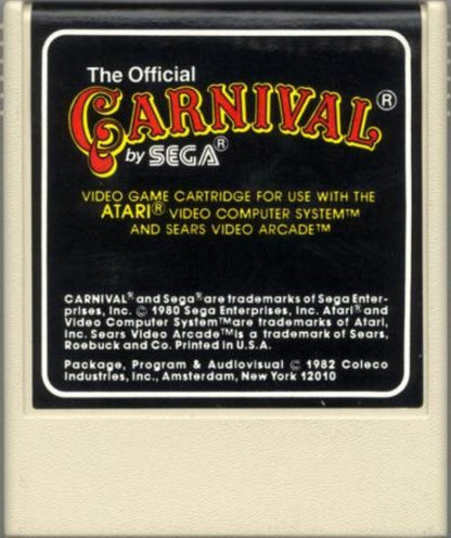 Carnival retro Atari 2600 video game featuring arcade shooting gallery gameplay, carnival mini games, target shooting challenges and classic Atari entertainment - cartridge