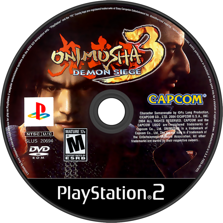Onimusha 3 Demon Siege for the PlayStation 2 featuring action adventure gameplay with samurai and modern day characters demon slaying combat cinematic storytelling and time travel between feudal Japan and Paris disc