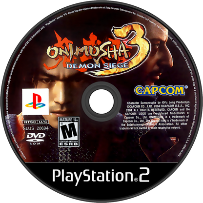 Onimusha 3 Demon Siege for the PlayStation 2 featuring action adventure gameplay with samurai and modern day characters demon slaying combat cinematic storytelling and time travel between feudal Japan and Paris disc