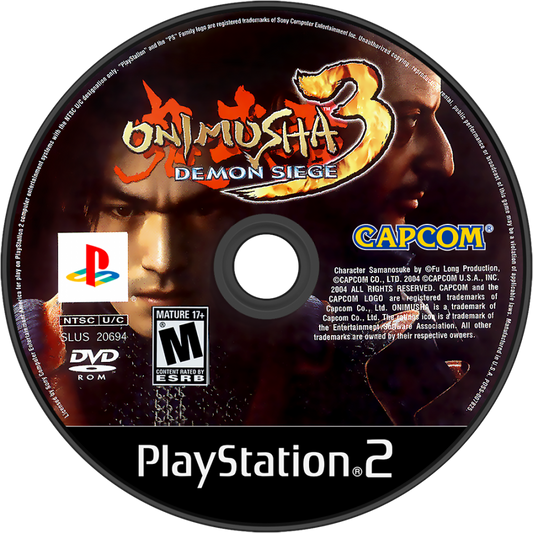 Onimusha 3 Demon Siege for the PlayStation 2 featuring action adventure gameplay with samurai and modern day characters demon slaying combat cinematic storytelling and time travel between feudal Japan and Paris disc