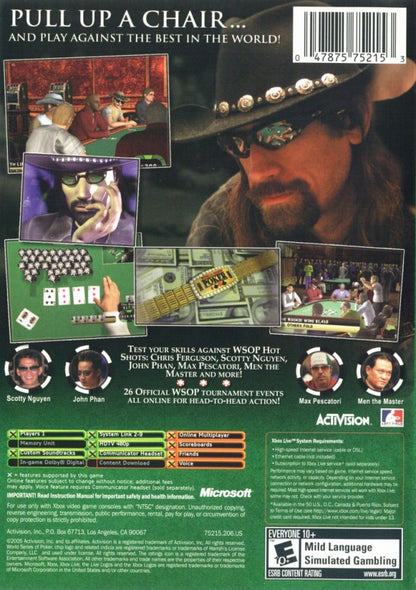 World Series of Poker for Xbox featuring realistic Texas Hold’em poker gameplay official WSOP branding authentic tournament structures professional player likenesses casino environments and multiplayer modes for competitive card gaming enthusiasts back cover