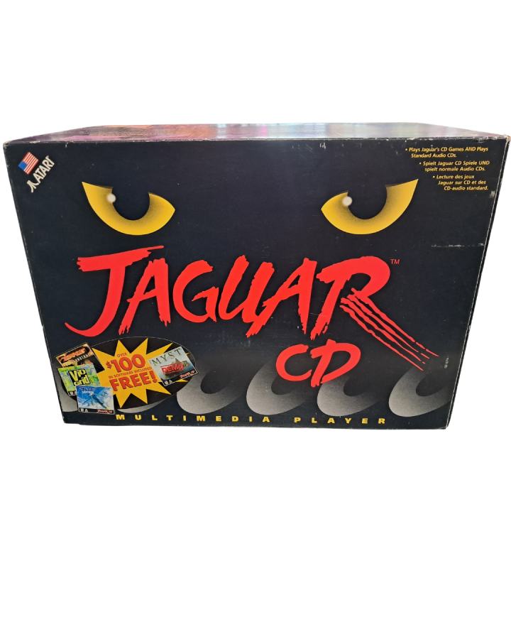 Retro Atari Jaguar CD System complete in box inspired design featuring rare retro gaming hardware aesthetic vintage multimedia console add on compact disc technology futuristic 90s gaming innovation collectible classic gaming presentation box front