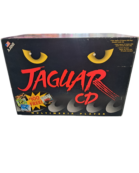 Retro Atari Jaguar CD System complete in box inspired design featuring rare retro gaming hardware aesthetic vintage multimedia console add on compact disc technology futuristic 90s gaming innovation collectible classic gaming presentation box front