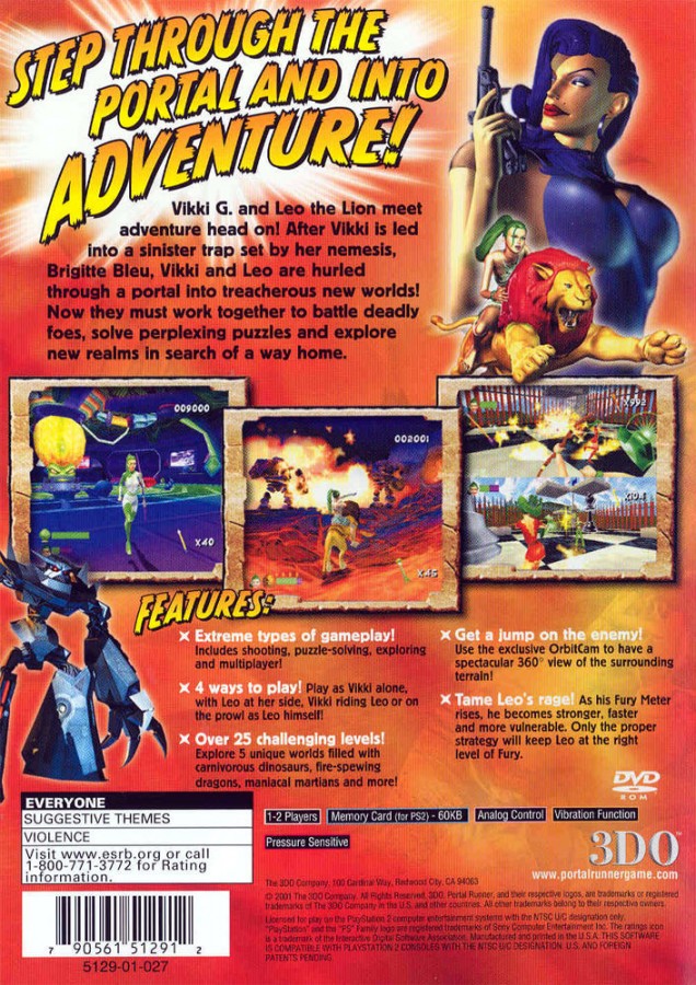 Portal Runner PS2 Sony PlayStation 2 action adventure platformer spin off from Army Men series tactical combat fantasy themed worlds time portals sword and ranged combat puzzle solving 3D exploration gameplay 3DO Company retro gaming PlayStation 2 software video game title back cover art