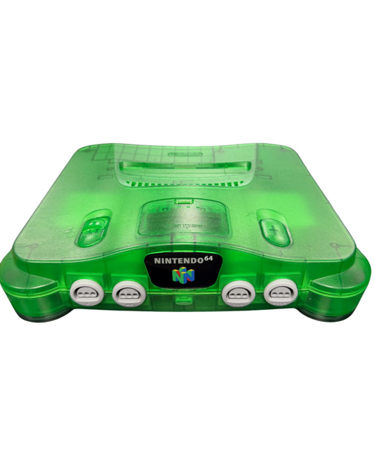 Nintendo 64 Jungle Green console featuring the translucent green clamshell design standard N64 hardware with cartridge slot, four controller ports, and compatible with classic N64 games