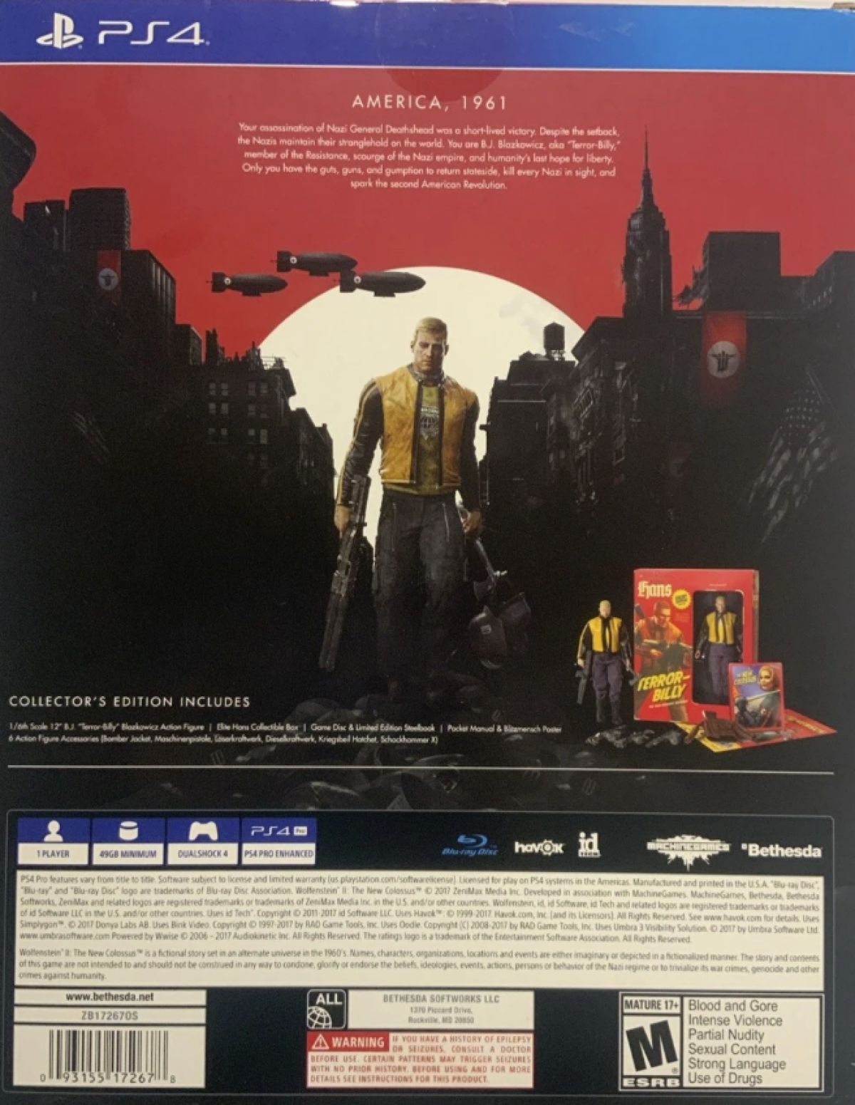Wolfenstein II: The New Colossus [Collector's Edition] – PlayStation 4 (PS4) video game back of case, first-person shooter.