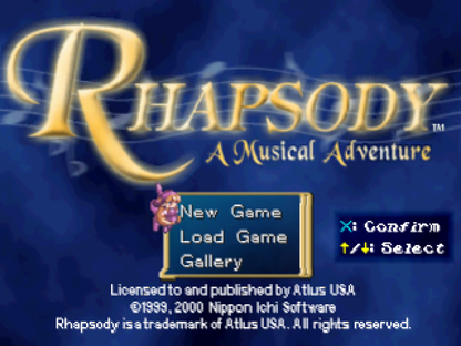 Gameplay for Rhapsody A Musical Adventure PlayStation 1 game featuring turn-based RPG gameplay with musical storytelling and anime-style visuals