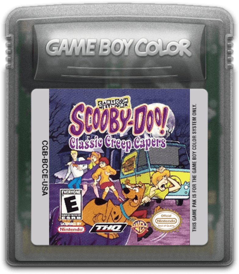 Scooby Doo Classic Creep Capers for Game Boy Color, cartridge for an adventure puzzle video game with mystery-solving gameplay, exploration, cartoon-style characters, and story-driven challenges