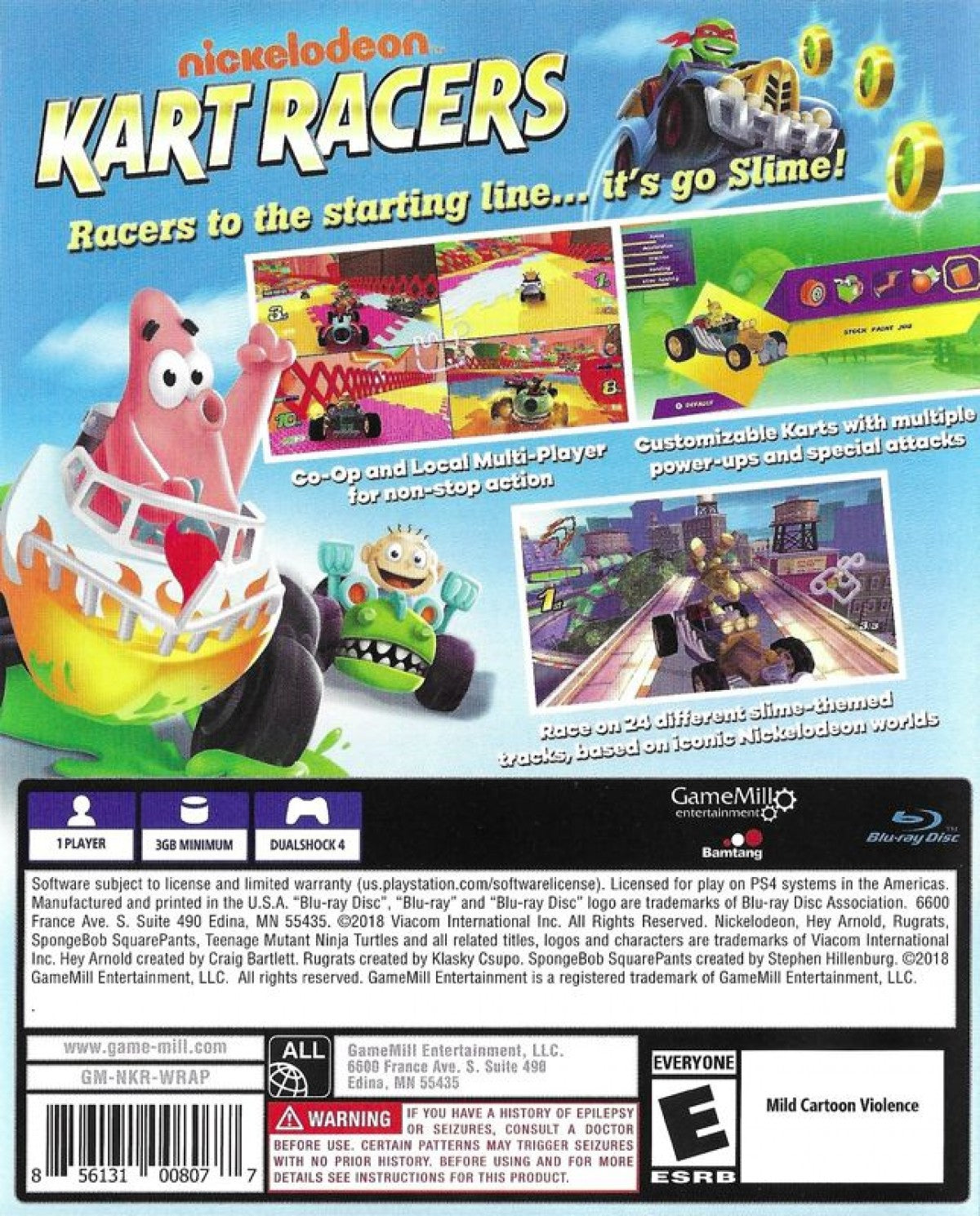 Nickelodeon Kart Racers PlayStation 4 PS4 arcade kart racing video game featuring SpongeBob SquarePants Teenage Mutant Ninja Turtles Rugrats Hey Arnold power-sliding drifting power-ups battle mode four player local multiplayer