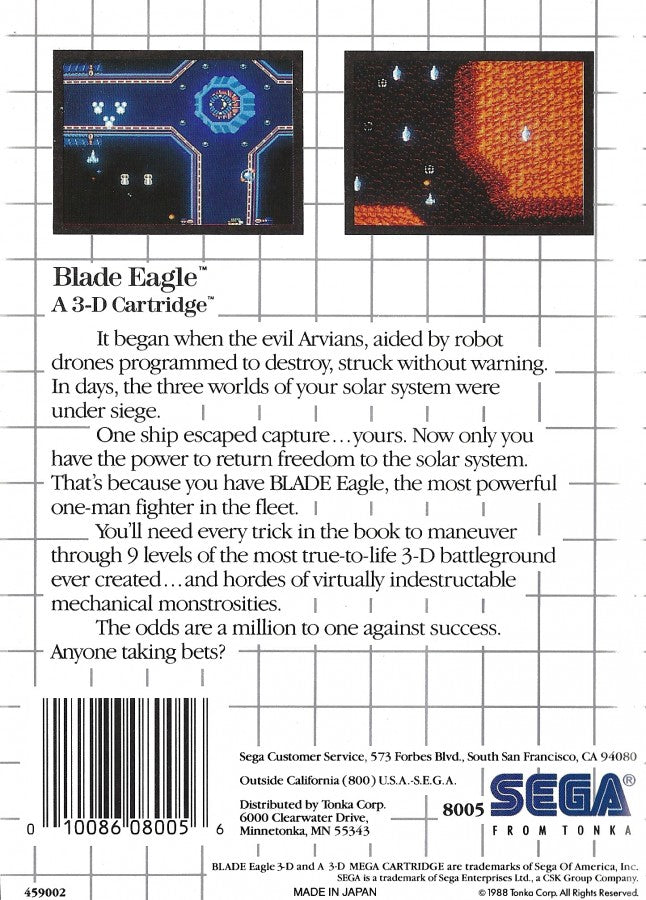 Blade Eagle 3D Sega Master System SMS for arcade shooting video game fans featuring 3D space combat futuristic environments enemy spacecraft fast paced shooting power ups weapon upgrades challenging stages and classic Sega Master System gameplay collectible retro gaming appeal back cover art