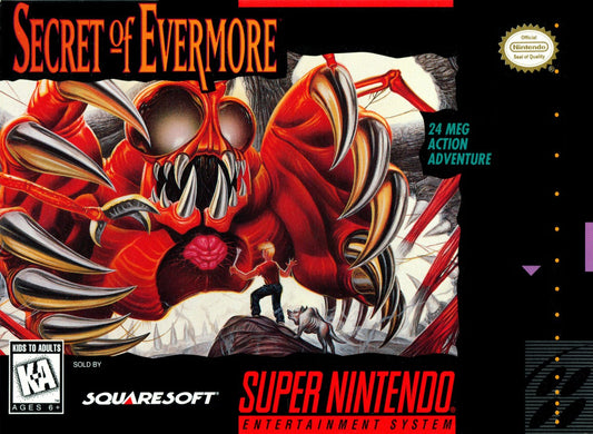 Secret of Evermore Super Nintendo SNES action RPG real time combat fantasy adventure alchemy system puzzle solving exploration Square Soft single player story driven retro 16 bit gaming Super Nintendo Entertainment System software video game title cover art 