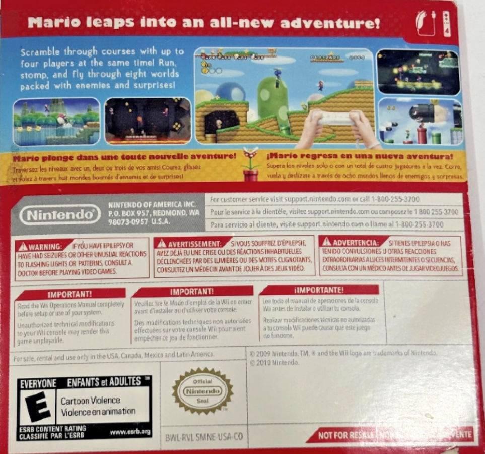 New Super Mario Bros. [Not for Resale Sleeve] – Nintendo Wii (Wii) side-scrolling platformer adventure video game back of case