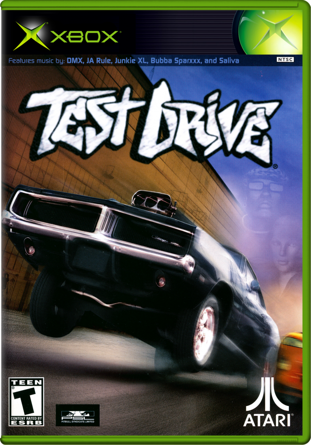 Test Drive game cover for Xbox with a black car on a colorful background