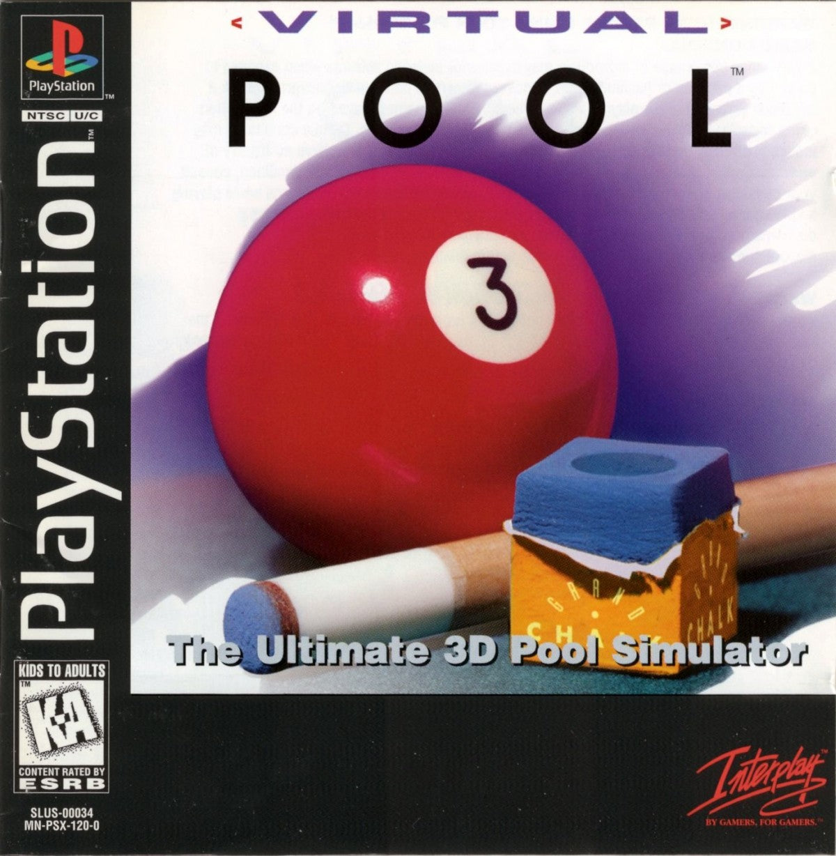 Virtual Pool PlayStation 1 PS1 video game, realistic billiards simulation, cue sports gameplay, classic console title front cover