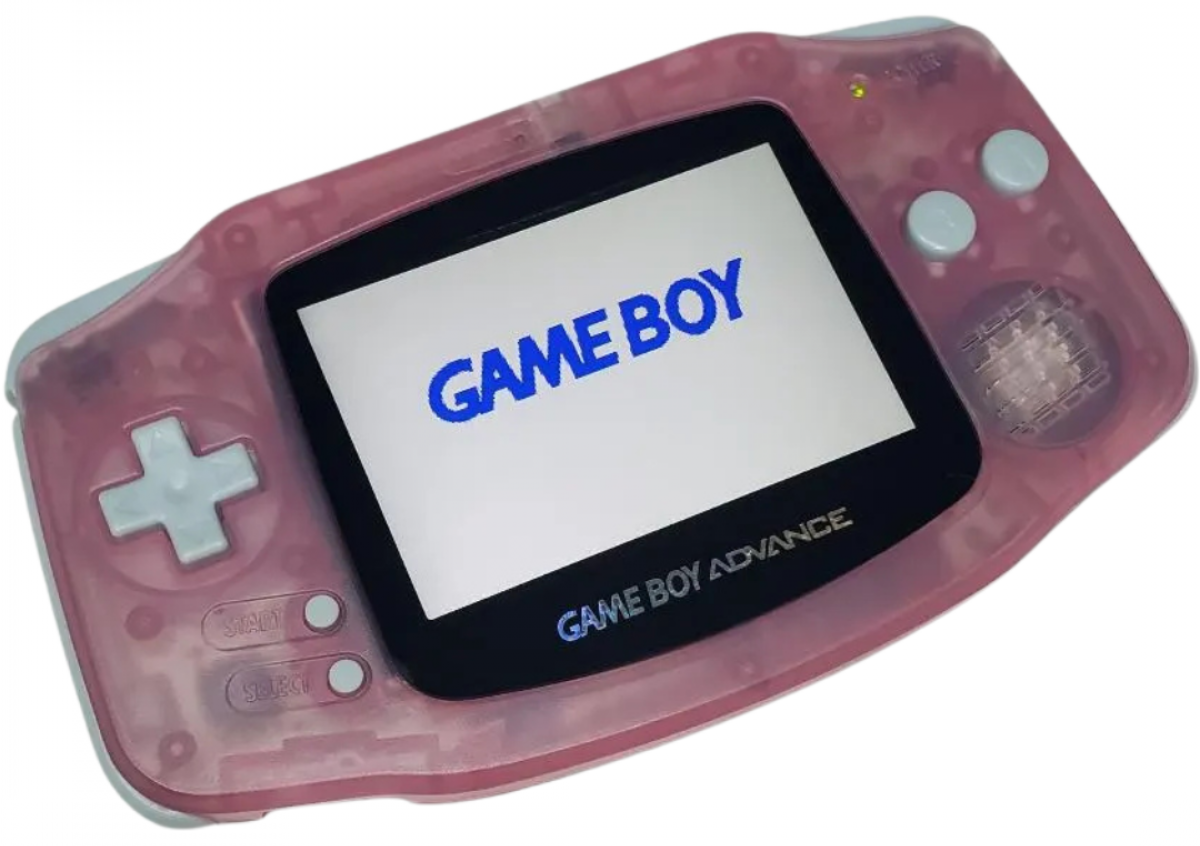 Retro IPS modded fuchsia Game Boy Advance inspired design featuring custom handheld gaming console aesthetic vibrant pink shell backlit IPS display upgraded portable Nintendo hardware nostalgic early 2000s retro gaming presentation front 