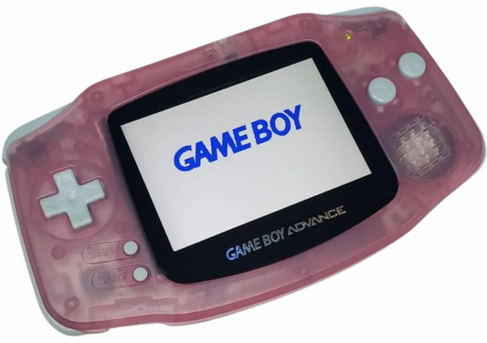 Retro IPS modded fuchsia Game Boy Advance inspired design featuring custom handheld gaming console aesthetic vibrant pink shell backlit IPS display upgraded portable Nintendo hardware nostalgic early 2000s retro gaming presentation front 