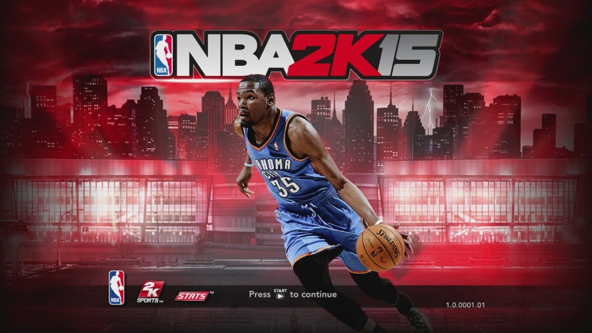 NBA 2K15 Xbox 360 basketball simulation video game with Kevin Durant cover athlete MyCAREER story mode, MyTEAM card collecting, The Park online streetball, authentic teams players, 2K Sports gameplay title screen