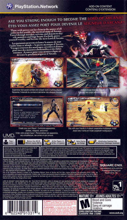 Lord of Arcana back of case for PlayStation Portable (PSP) action role-playing game