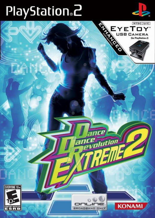 Dance Dance Revolution Extreme 2 disc for the PlayStation 2 featuring rhythm dance gameplay with music tracks step based challenges and multiplayer modes using a dance pad controller cover art