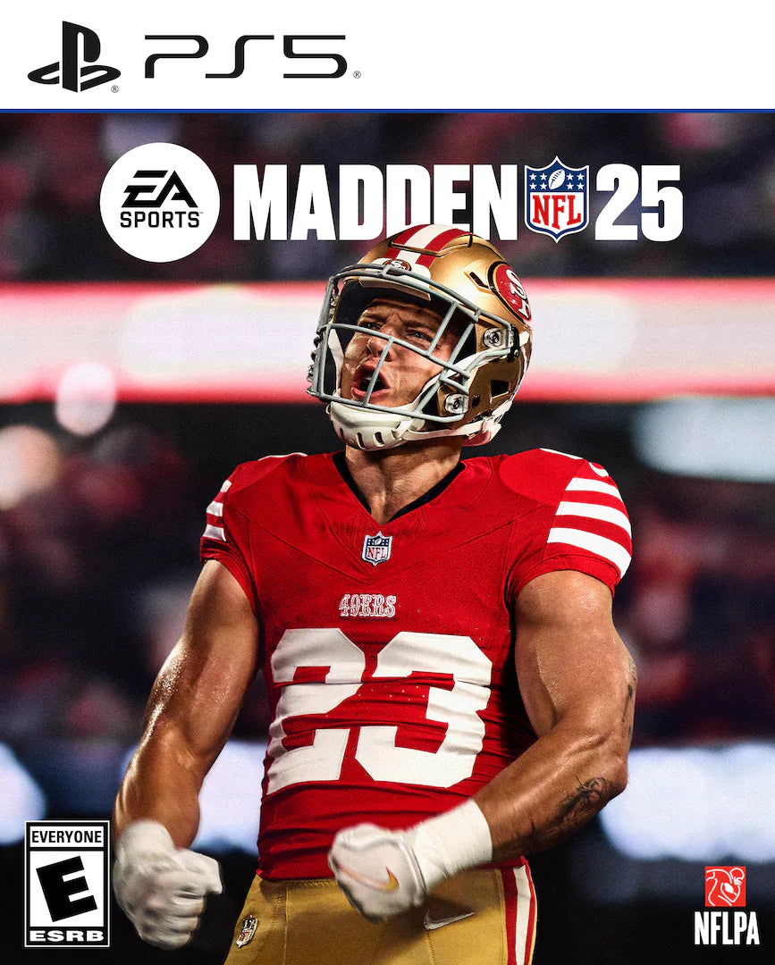 Madden NFL 25 cover art for PlayStation 5 with a player in a red jersey.