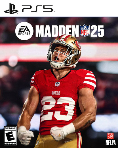 Madden NFL 25 cover art for PlayStation 5 with a player in a red jersey.