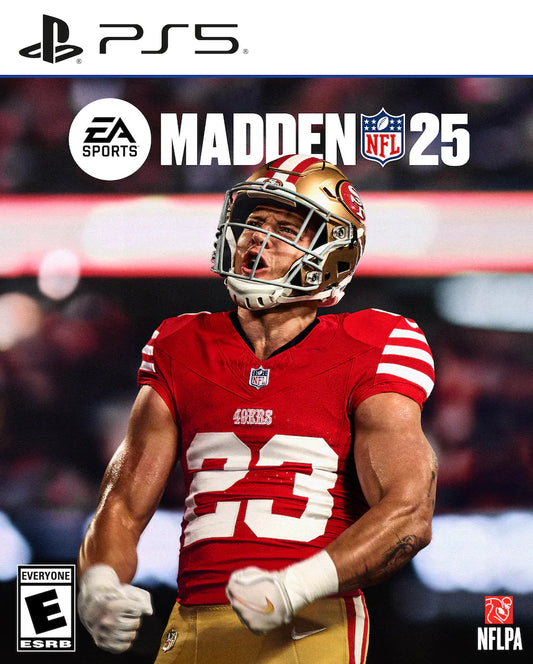 Madden NFL 25 cover art for PlayStation 5 with a player in a red jersey.