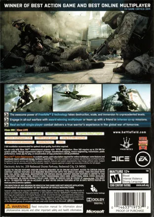 Battlefield 3 back of case for Xbox 360 (X360) first-person shooter video game