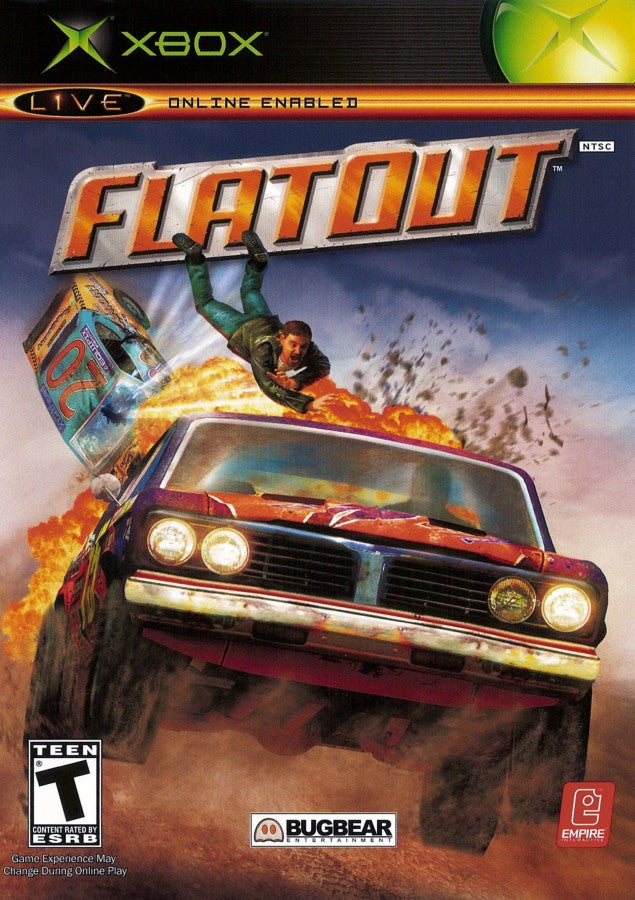 FlatOut Microsoft Xbox Original Xbox video game featuring high speed racing gameplay destructive vehicle crashes demolition derby events stunt challenges realistic driving physics competitive racing and intense vehicular action retro video game collection collectible gaming appeal cover art
