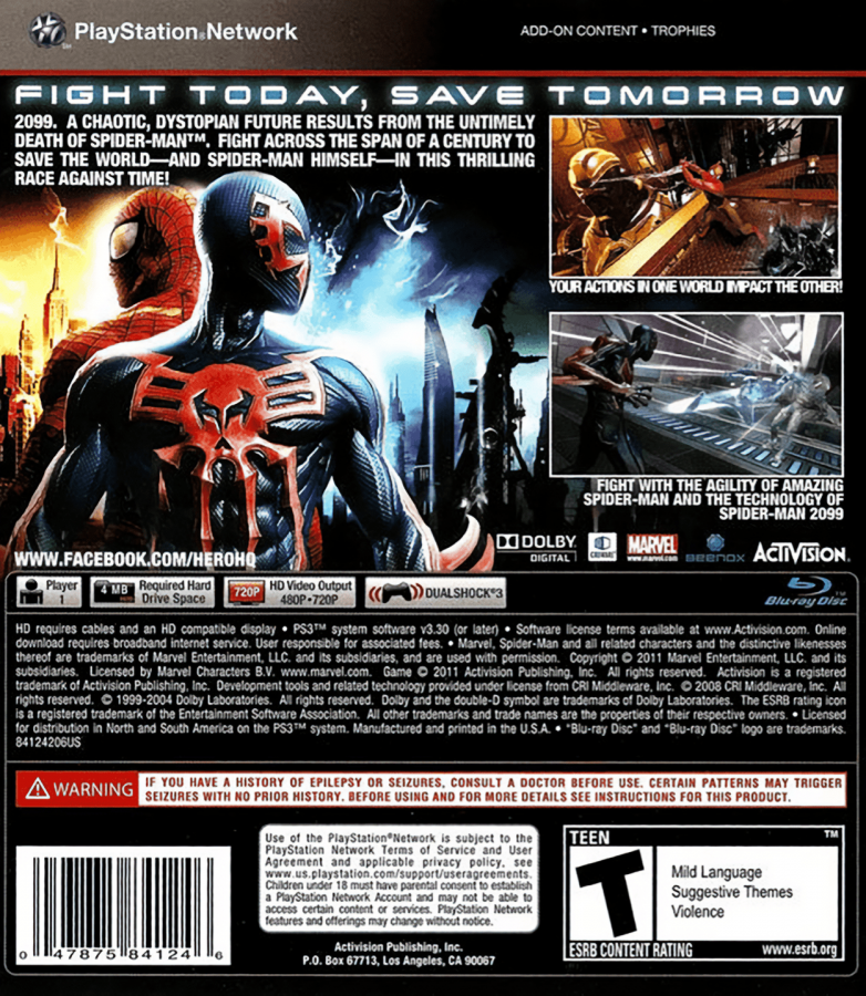 Spider-Man: Edge of Time PS3 action-adventure video game back cover art.