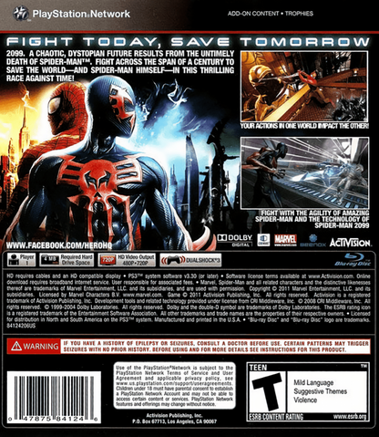 Spider-Man: Edge of Time PS3 action-adventure video game back cover art.