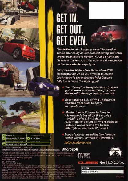The Italian Job back cover art for Xbox (XBOX) video game
