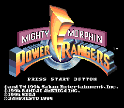Mighty Morphin Power Rangers retro Sega Genesis video game featuring side scrolling action combat, superhero battles, cooperative gameplay and classic Genesis entertainment - title screen