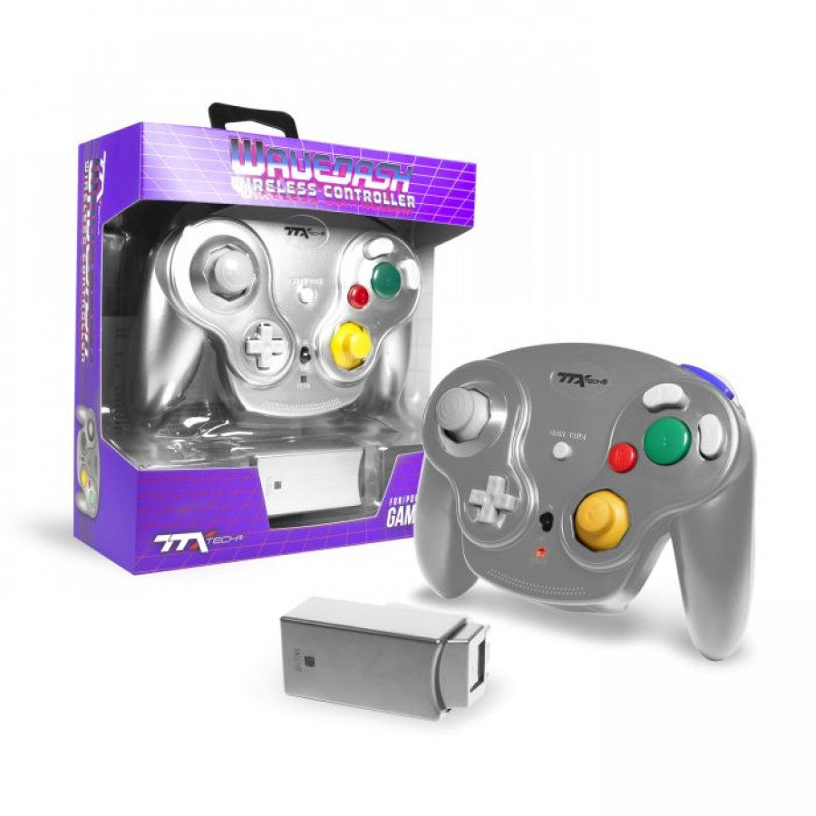 Wavedash 2.4GHz Controller for GameCube GC Silver Nintendo GameCube accessory featuring wireless 2.4GHz connectivity ergonomic controller design analog sticks responsive buttons shoulder triggers silver finish and compatibility with supported Nintendo GameCube games replacement gaming controller collectible accessory appeal